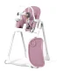 Adjustable amethyst-colored high chair for baby with a detachable tray and safety harness.